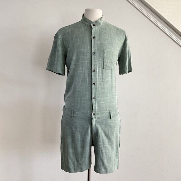 ROMPERJACK Romper Men Green Button Up Short Sleeve Preppy Stretch Cotton XL - Picture 8 of 10